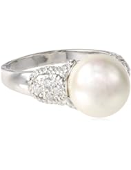 Platinum Plated Sterling Silver Imitation Pearl and Simulated Diamond Round Ring, Size 7