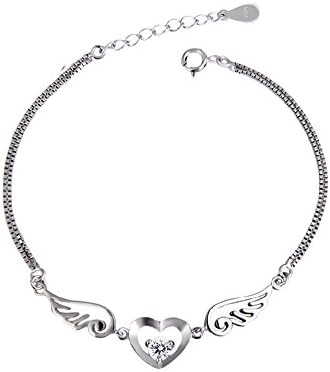 925 Sterling Silver Heart Crystal Charm Angle Wing Bracelet for Women