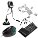 GTMax Black Flexible 12MP High Resolution w/ 4 LED Light & Microphone USB PC Webcam + Black USB Handheld Trackball Finger Mouse + Black USB/PS2 Flexible Silicone Keyboard + White USB 2.0 4-Port Hub Mini Man For Desktop/Laptop Computers