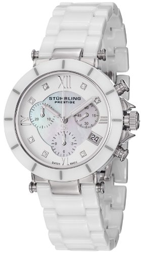 Stuhrling Prestige Women's 512L.131P2 Swiss Athena Mother-Of-Pearl Swarovski Crystal Chronograph Multi-Function White Ceramic Watch