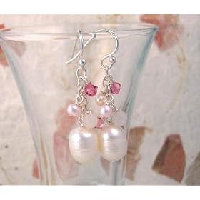 Sterling Silver Pearls, Swarovski Crystals, and Pink Stones Cluster with Pearl Drop Earrings