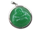 Green Jade Laughing Buddha Disc Pendant, 925 Sterling Silver