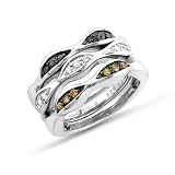 0.25 Carat White, Treated Black and Champagne Diamond Sterling Silver 3 Stackable Rings Set