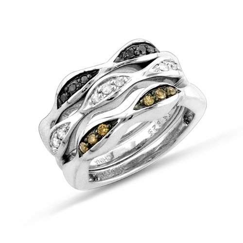 0.25 Carat White, Treated Black and Champagne Diamond Sterling Silver 3 Stackable Rings Set
