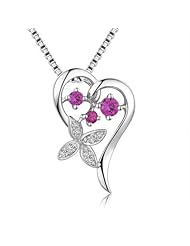 925 Sterling Silver Heart Diamond Accents and Ruby Clover Leaf Necklace (0.05cttw+0.18cttw, G-H Color, VS2-SI1 Clarity) 16