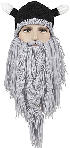 Heydubi Men's Long Beard Mustache Knit Hat Viking Beanie Hat with Ox Horns (Grey)
