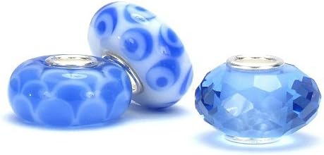 (Set of 3) Roxy Jewels Blue Murano Glass and Faceted Crystal Bead Charms, Mixed Set - Sterling Silver Core Fits Pandora Compatible Charm Bracelets
