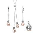 Peach Pink Isabella Cultured Pearl Drop Rose Lariat and Dangle Earrings Set in Platinum Overlay CAREFREE Sterling Silver