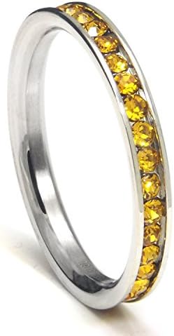 Vincy 316L Stainless Steel Citrine Yellow Cubic Zirconia CZ Eternity Wedding 3MM Band Ring Sz 9