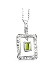Twin Rectangular Shaped Diamond Pendant In 18K White Gold With A 0.60 ct. Genuine Peridot Center Stone.