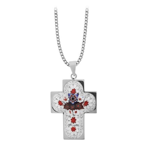 Stainless Steel Cross Pendant Murano Glass In Middle Cubic Zirconia Stones Frame