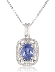 Sterling Silver Created Ceylon Sapphire and 1/5cttw Diamond Cushion Pendant Necklace, 18"