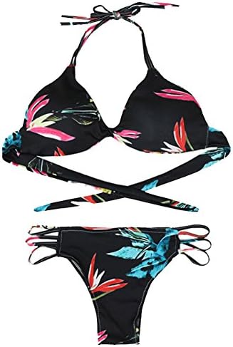 Sexy Womens Vintage Floral Print 2 Pieces Halter Neck Bikini Set (M)