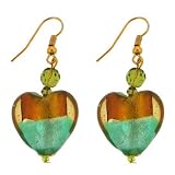Gold Tone Amber and Green Glass Heart Drop Earrings
