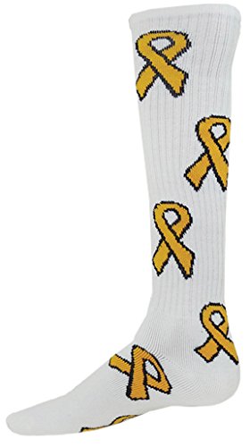 Red Lion Gold Ribbon Childhood Cancer Socks Knee High ( White / Gold - Medium )