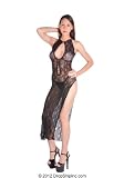 2Pc Swirl Lace Long Dress Sexy Lingerie Intimate Apparel With Lace Up Front And G-String (Black;One Size)