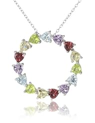 Sterling Silver Multi-Gemstone Heart Circle Pendant Necklace, 18"