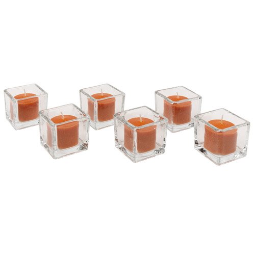 Set of 12 Square Votive Holders & 12 Votive Candles, Orange Citronella