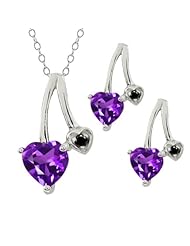 1.56 Ct Heart Shape Purple Amethyst 18k White Gold Pendant Earrings Set