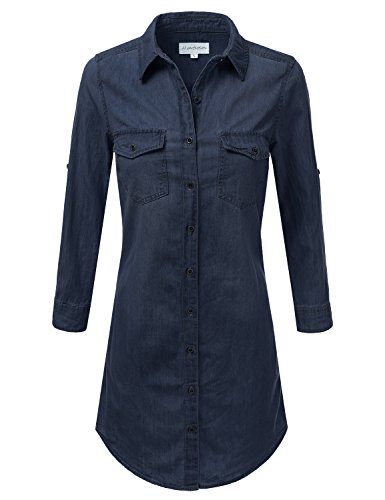 JJ Perfection Women's Plus Size 3/4 Sleeve Chambray Denim Button Down Midi Dress