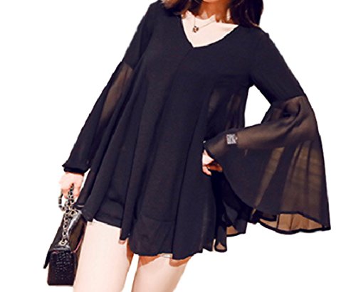 (ペプ) PEPU ベル スリーブ シフォン チュニック シャツ レディース Vネック マンダリン トランペット 袖 無地 大人