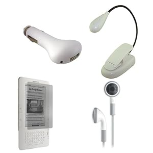 Amazon Kindle 2 (2nd Generation) USB Car Charger, Earphones, Full Screen Guard / Protector, and a White Ebook Reader Light
