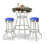 IMAGE OF Chrome Bar Table & 2 Chrome Finish Glitter Blue Vinyl Seat Barstools