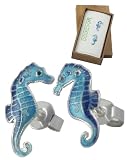 Sterling Silver & Cloisonne Enamel Blue Seahorse Stud Earrings in Bamboo Gift Box