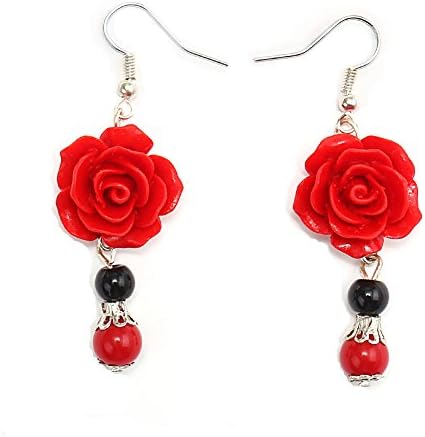 Plxy Handmade Earrings, Carved Cinnabar Simulation Red Roses , the Ancient Chinese Craftsmanship (Two Beads)