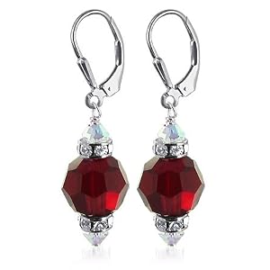 SCER266 10 MM Faceted Round Garnet Swarovski Crystal Sterling Silver Leverback 1.5" Dangle Earrings