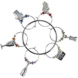 Metalla Solid Pewter Set of 6 Silver Finish Wine & Cheese Themed Wine Glass Charms with Holding Ring