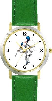 Baseball Batter or Hitter No.3 Baseball Theme - WATCHBUDDY® DELUXE TWO-TONE THEME WATCH - Arabic Numbers - Green Leather Strap-Size-Large ( Men