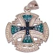 Silver Jerusalem Cross with Green and Blue Swarovski Crystal stones - 2 Layers - Large (2.2 cm or 0.88" without loop)