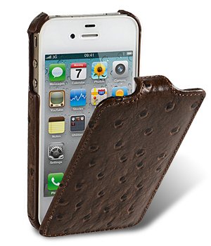 Melkco - Apple iPhone 4s / iPhone 4 Ultra Slim Handmade Premium Genuine Cowhide Leather Case Jacka Flip Type Ostrich Print Pattern Brown