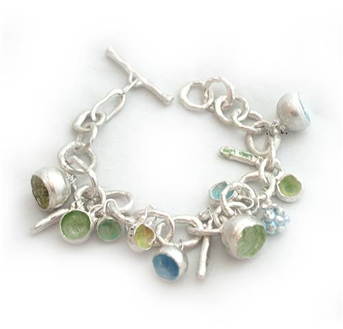 Contemporary sterling silver charm bracelet with hand beaten chain & enamelled multi coloured pendents
