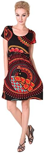 Chic Mariposa Colorful Printed Peacock Mandala Knee Length Women's Summer Dress - Orange - XL