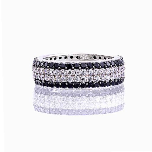 Sterling Silver Micro Pave Four Rows Black/White Round Cubic Zirconia Women's Eternity Band SPJ