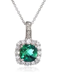 Sterling Silver Checkerboard Created Emerald with Created White Sapphire Accents Diamond Pendant Necklace, 18"