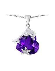 Original Star K (tm) Lucky Dolphin and StarFish Pendant with Heart Shape Simulated Amethyst in 925 Sterling Silver