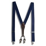 Men's Utility Solid Synthetic Leather Patch Chrome Toned Clips Elastic Navy Blue Straps Adjustable Braces Suspenders