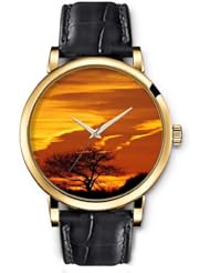 SPRAWL Aanalog Fashion Series Gold Ladies Watches of Genuine Black Leather Strap,Unique Wrist Watch for Women Girls Designed with Sunny and dry orange tree