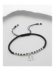 Peace Symbol Cotton Waxed Thread Bracelet In 92.5 Sterling Silver