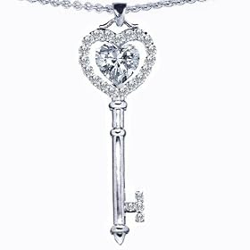 Candygem 14k White Gold Plated 925 Sterling Silver Heart Love Key with Genuine White Topaz Pendant