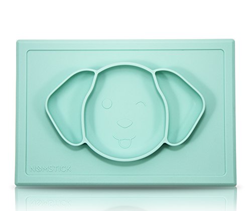 NomStick Junior Mat suctions to High Chair Trays - Ideal size all-in-one Silicone Placemat Suction Plate, Portable for Eating Out or Travel, cute puppy face for baby and toddlers (Thin Mint)