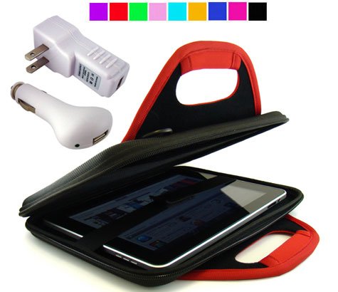 Hard Cube Carry Case for Apple iPad + USB Car and USB Wall Charger for iPad (Red)