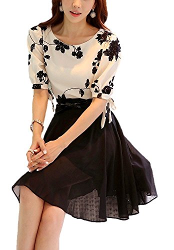 (サラキッド） SaraKid 花柄 刺繍 エレガント トップス リボン 5分袖 ブラウス ひざ丈 スカート ベルト 付 上下 セット レディース お花 シフォン フレア セットアップ