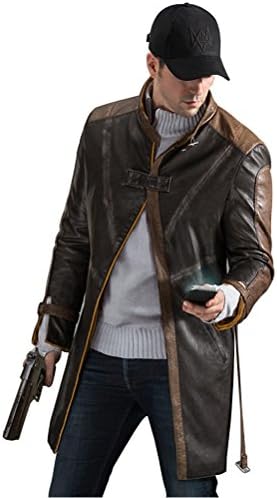 FireLionPlus Aiden Pearce Watch Dogs Jacket Cosplay Leather Brown Trench Jacket Coat X-Large