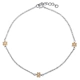 925 Silver Cubic Zirconia 2-Tone Daisy Flower Anklet Ankle Bracelet