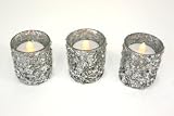 3-pc Silver Sparkling Confetti Tealight Votive Holders with Battery Operated Flickering Tealights