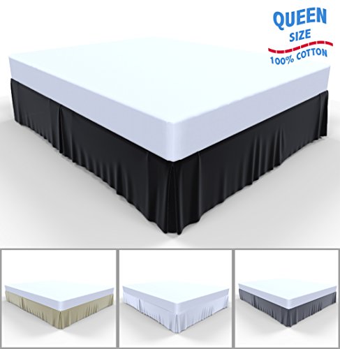 Bed Skirt by Royal - 100% Cotton Pleated Bed Skirt (Queen, Black)